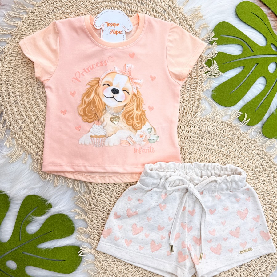  Conj. Blusa Doguinha Princess e Short Corações em Linho - Salmão e Areia